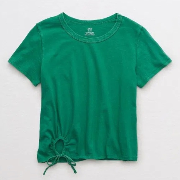 Aerie Vintage T-Shirt Green Tie Tee Cotton Small Boxy Short 90's Y2K Distressed - Picture 1 of 4